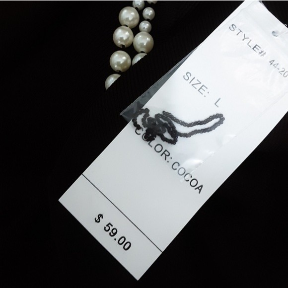 NWT Finity Faux Pearl Scoop Neck Knit Top Brown L Preppy Elegant Classic Chic - Picture 5 of 5